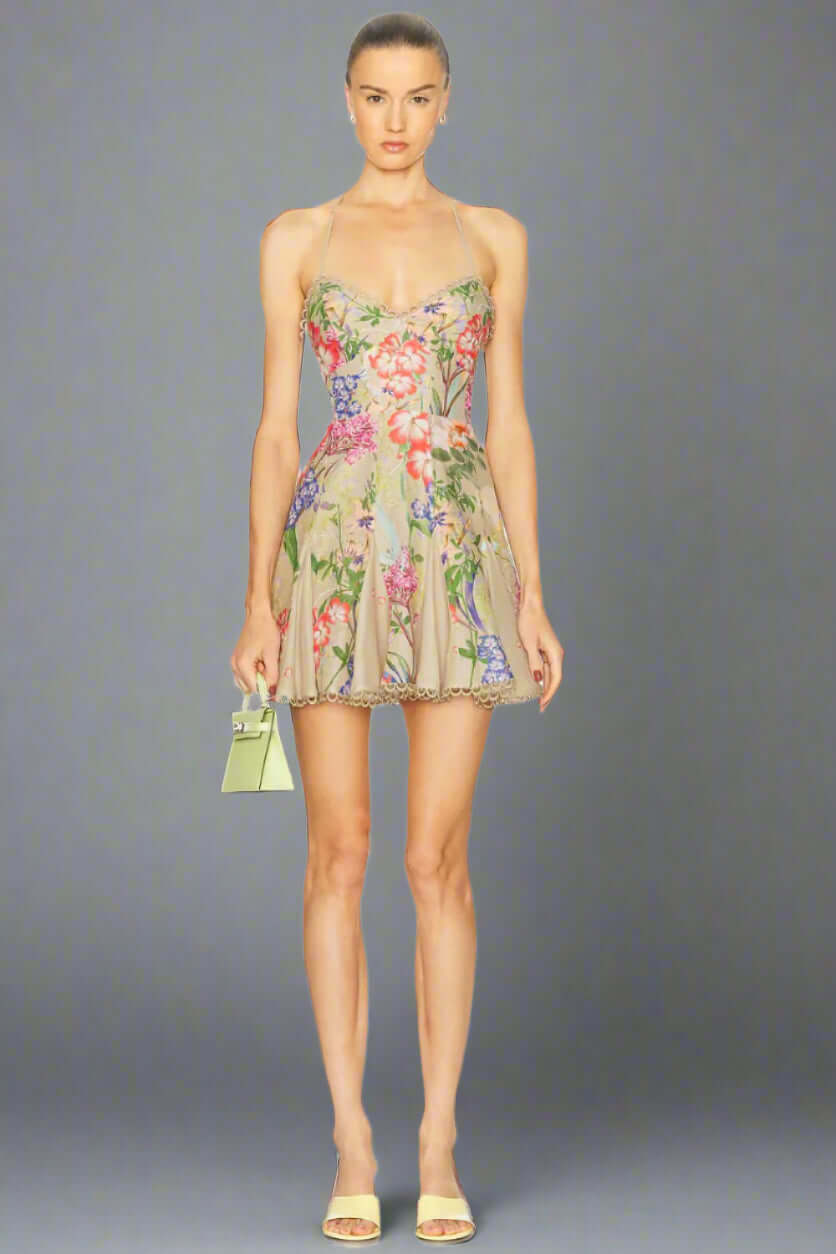 Marlene Short Dress in Olive Botanic