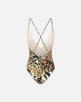 Padded V-Neck One Piece with Cross Back in Leotigra
