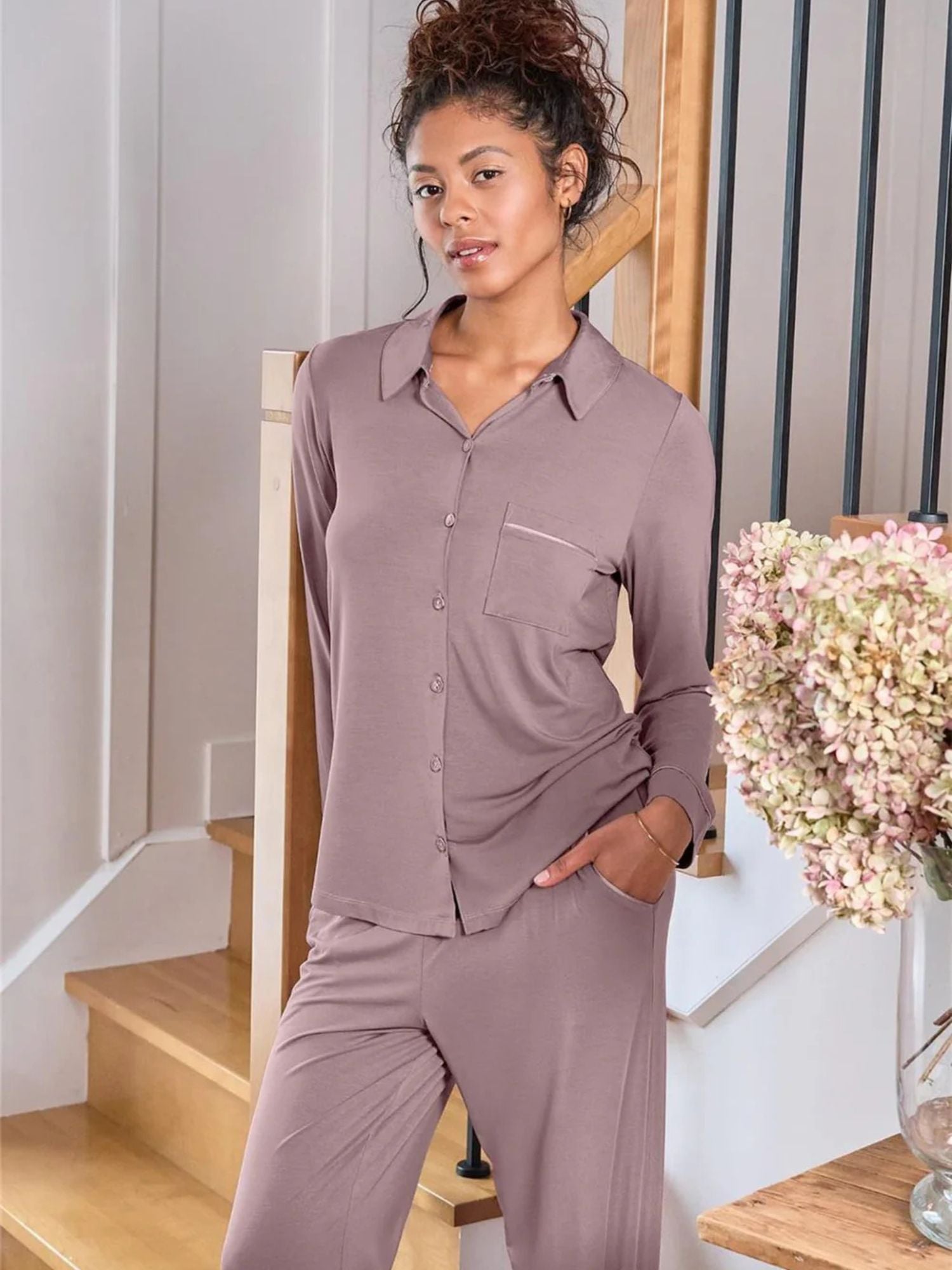 Button Down Long Sleeve Pajama Set in Cappuccino