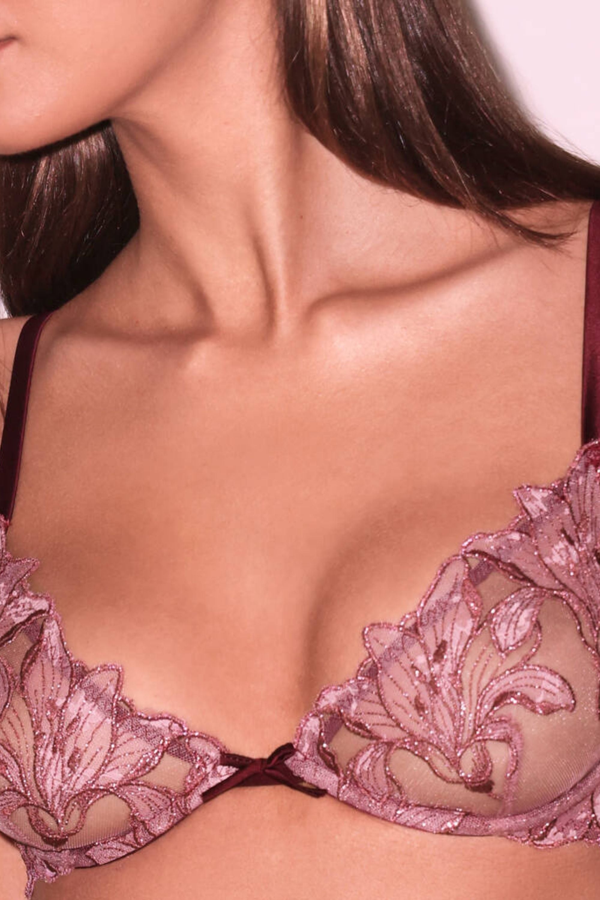 Lurex and Lace Lily Embroidery Demi Bra in Amarena