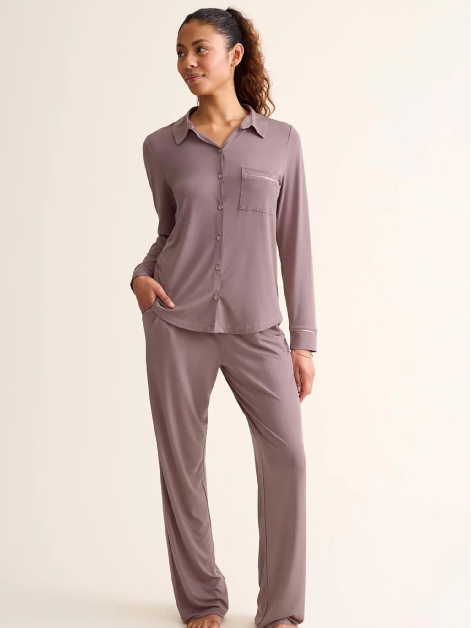 Button Down Long Sleeve Pajama Set in Cappuccino