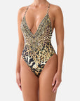 Padded V-Neck One Piece with Cross Back in Leotigra