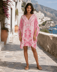 Tie Sleeve Short V- Neck Kaftan in Livin La Vida Rosa