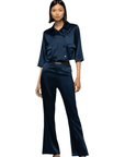 Silk Flared Pants in Marine