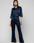 Silk Flared Pants in Marine