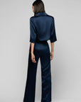 Silk Flared Pants in Marine