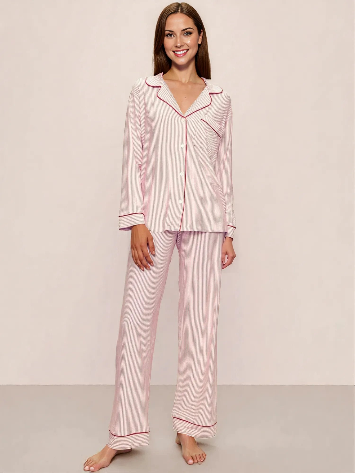 Gisele Long PJ Set in Duo Stripe Holly Red/Ivory