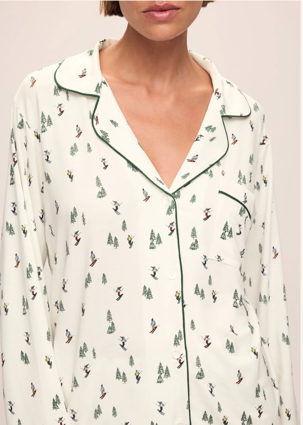 Gisele Printed Long PJ Set in Ski Chalet Ivory/Pine