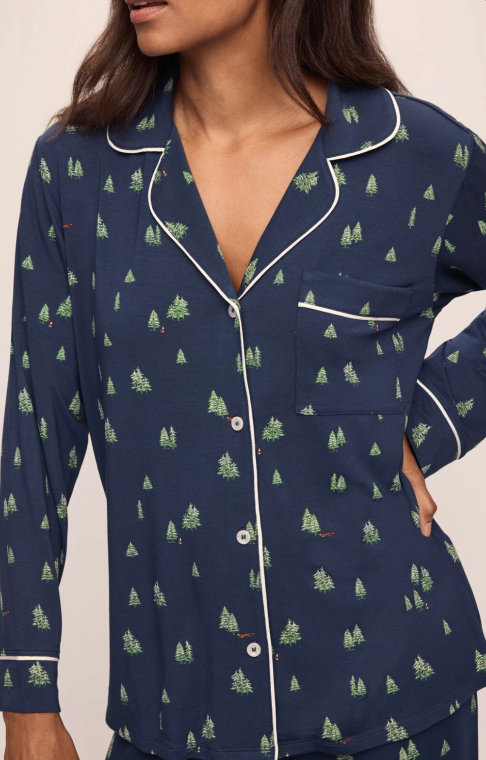 Gisele Printed Long PJ Set in Forest Pine Navy/Ivory