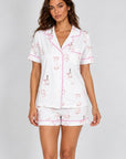 Jolene Short PJ Set in Rose Bubbles — Petticoat Lane brunette model, studio photograph