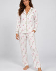 Jolene Hummingbirds Print Long PJ Set — Petticoat Lane brunette model, studio photograph