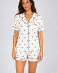 Jolene Espresso Martini Print Short PJ Set — Petticoat Lane brunette model, studio photograph