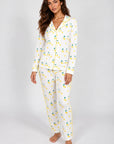 Aspen Dream Jolene Tennis Print Long PJ Set in ivory with yellow piping — studio model photograph