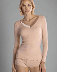 Satin Wool and Silk V-Neck Long Sleeve Top