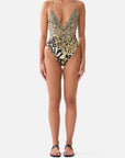 Camilla Padded V-Neck One Piece with Cross Back in Leotigra
