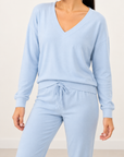 Aspen Dream Cozy V-Neck Top and Jogger Set in Ice Melt — neckline and fabric detail