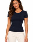 Only Hearts 43946 Navy top on Emma, studio front view