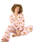 PJ Salvage Croissant Print Long Flannel PJ Set in Pink