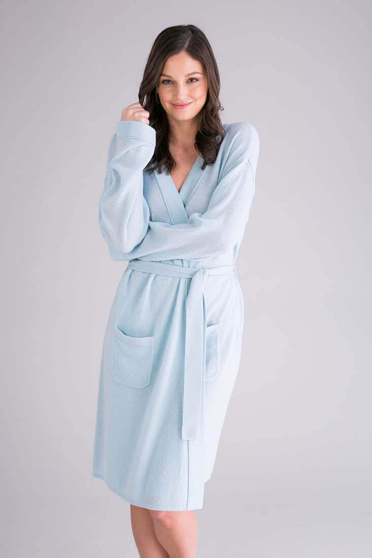 Arlotta Cashmere Long Wrap Robe Color: Snow, Black, Pearl Heather, Mouline Pink, Dawn Blue, Mink Size: XS, S, M at Petticoat Lane Greenwich, CT