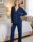 Eberjey Gisele Long PJ Set Color: Navy/Ivory, Delphinium/Ivory, Ivory/Navy, Haute Red/Bone, Charcoal Heather / Sorbet Pink, Heather Grey/Sorbet Pink, Black/Sorbet, Water Blue/White, Graphite/Sorbet, Bellini/Bright Pink, Light Orchid/Ivory, Bright Pink/Bellini, Pearl Blush/Haute Red, Willow Green/Bone, Light Lilac/Ivory, Tulip Off White/Light Lilac, Ocean Bay/Ivory Size: XS, S, M, L, XL at Petticoat Lane Greenwich, CT