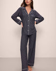 Gisele Printed Long PJ Set in Duo Stripe True Navy/Ivory