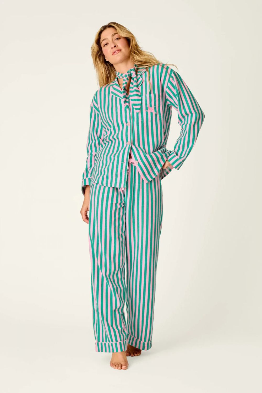 Pink and Green Flannel Stripe Long PJ Set