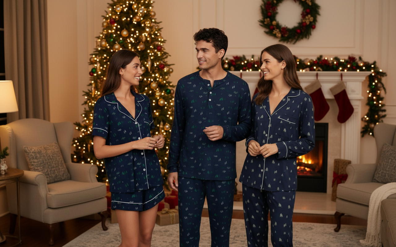 Gisele Printed Long PJ Set in Forest Pine Navy/Ivory