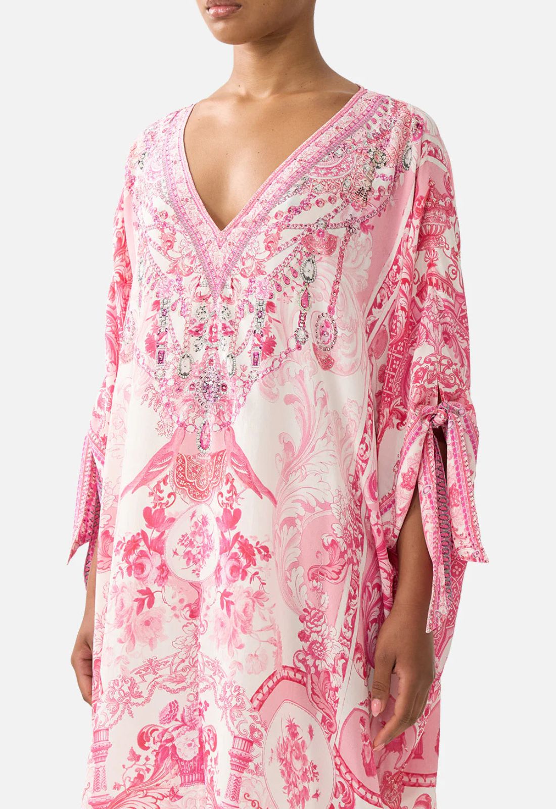 Tie Sleeve Short V- Neck Kaftan in Livin La Vida Rosa