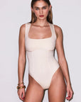 Organic Cotton Scoop Neck Bodysuit in Tahini