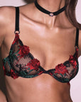 Bleeding Rose Embroidery Demi Bra in Black