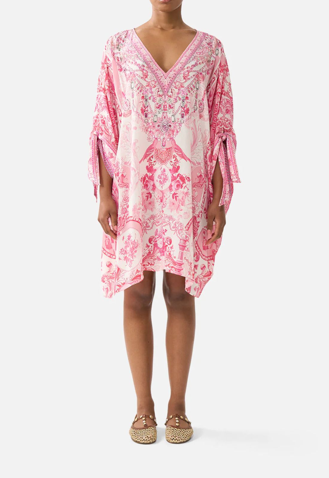 Tie Sleeve Short V- Neck Kaftan in Livin La Vida Rosa