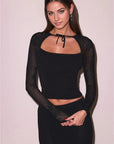 Lace Pointelle Knit Decollette Top in Black