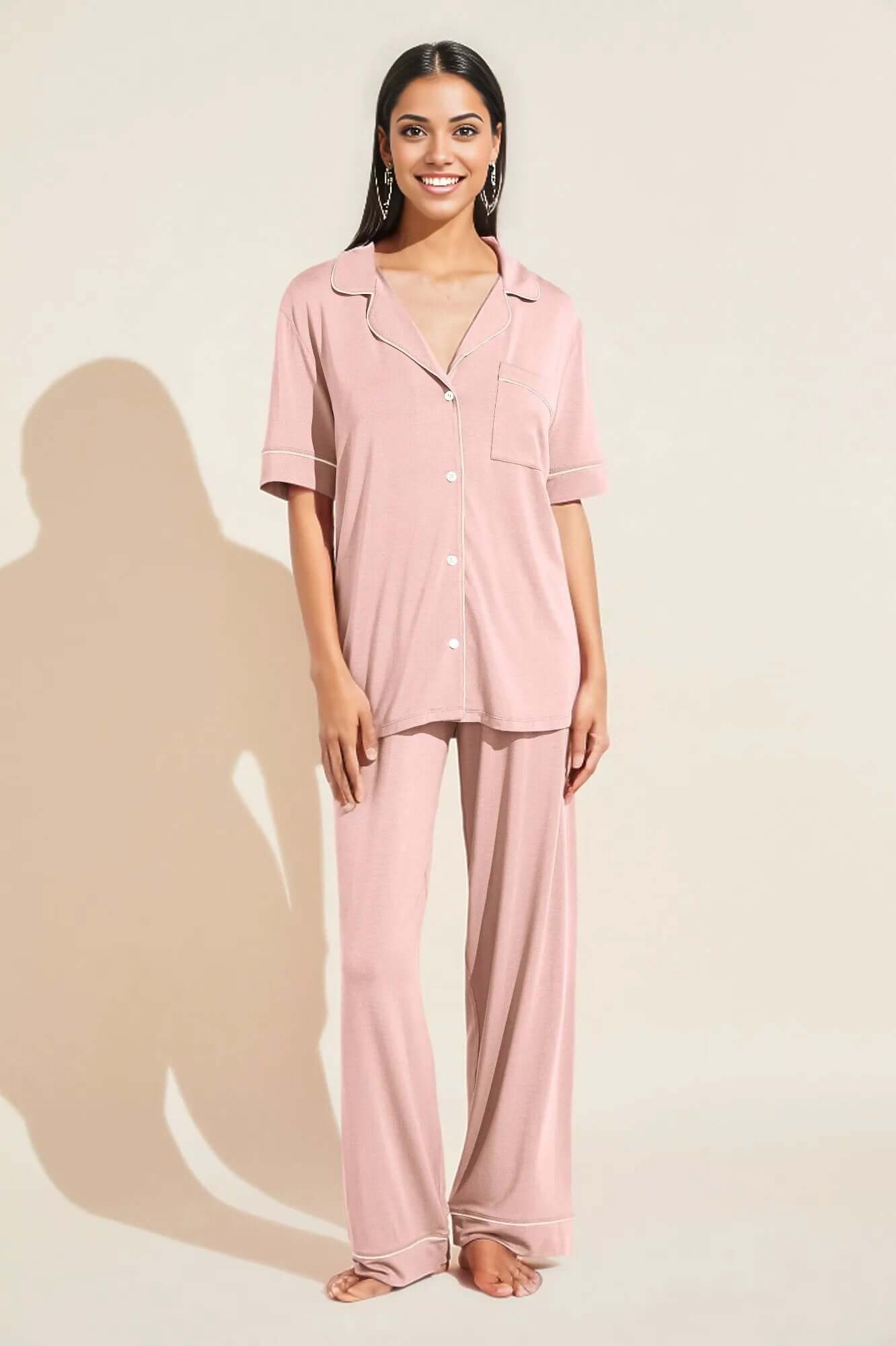 Gisele Long Pant/Short Sleeve Set in Petal Pink/Ivory