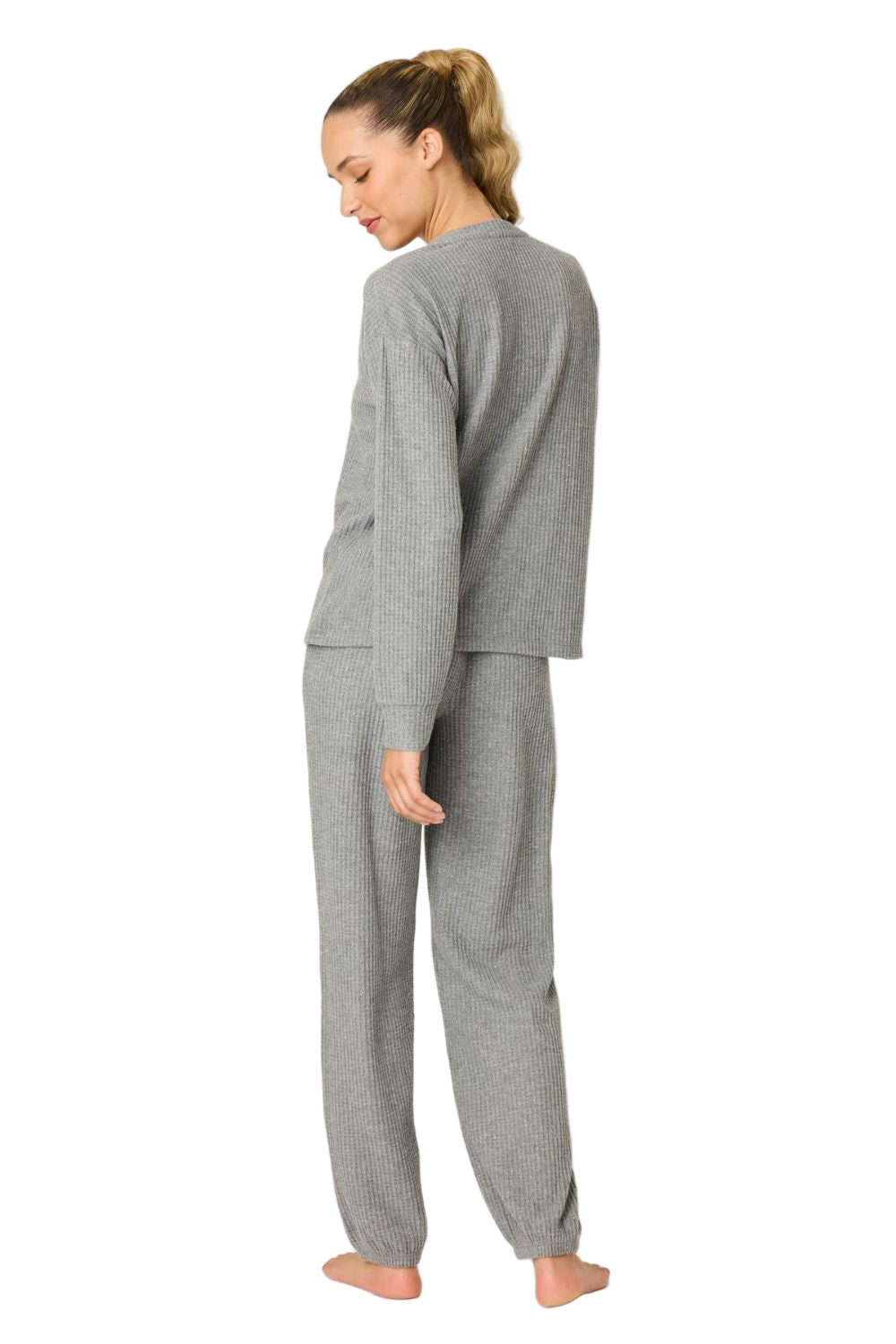Textured Long Pajama Set in Heather Charcoal