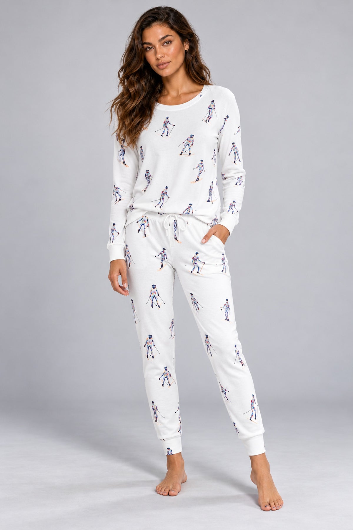 Stylish Skiers Long Pj Set — Petticoat Lane brunette model, studio photograph