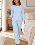 Cannes Pinstripe Long Set in Cool Blue — Petticoat Lane brunette model, lifestyle photograph