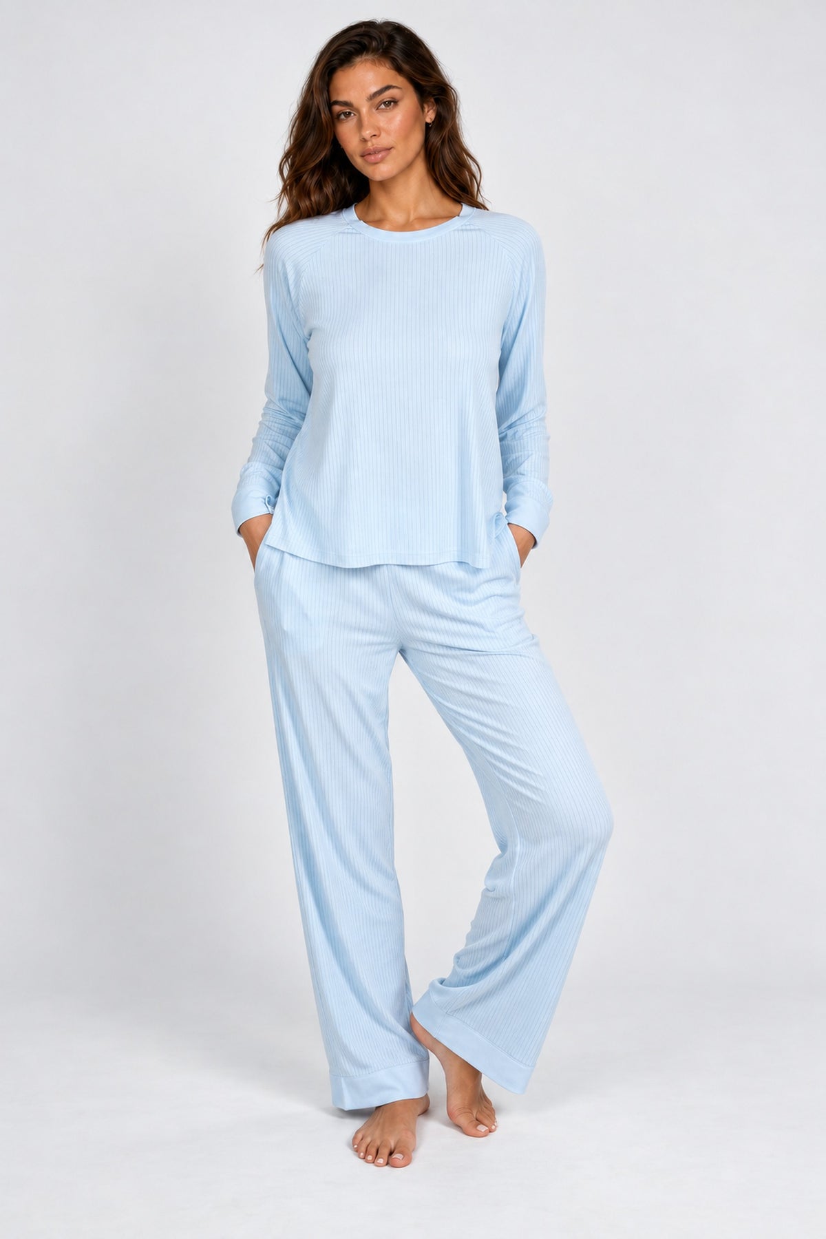Cannes Pinstripe Long Set in Cool Blue — Petticoat Lane brunette model, studio photograph