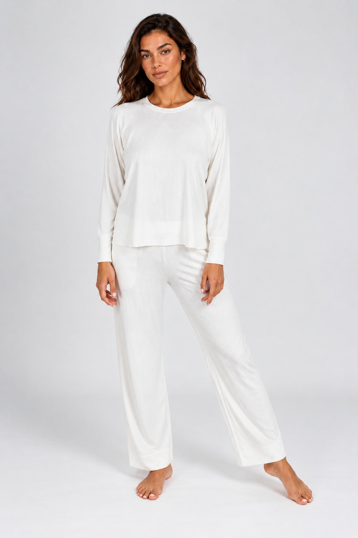 Cannes Pinstripe Long Set in Off-White — Petticoat Lane brunette model, studio photograph