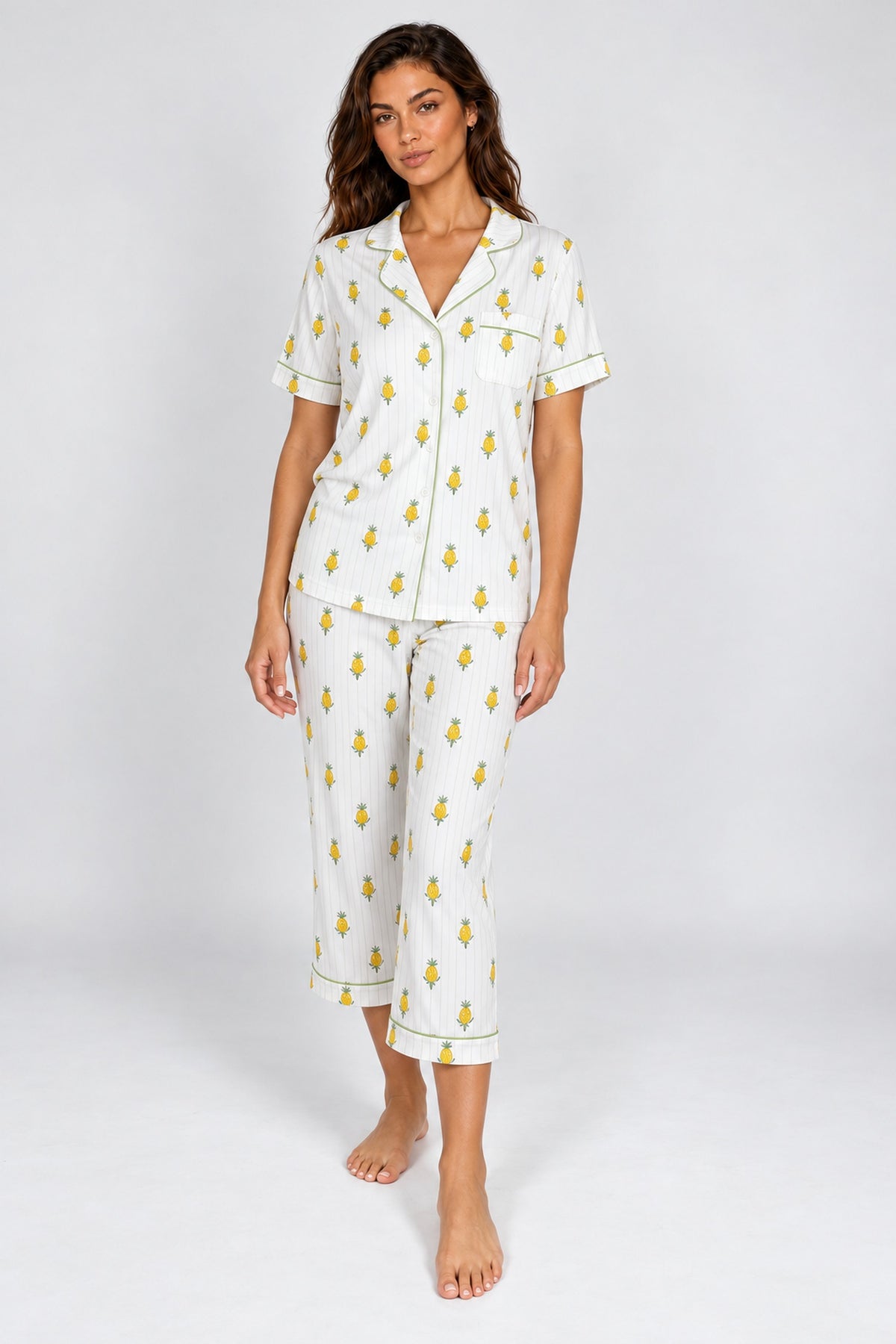Pineapple Print Cropped Pajama Set — Petticoat Lane brunette model, studio photograph
