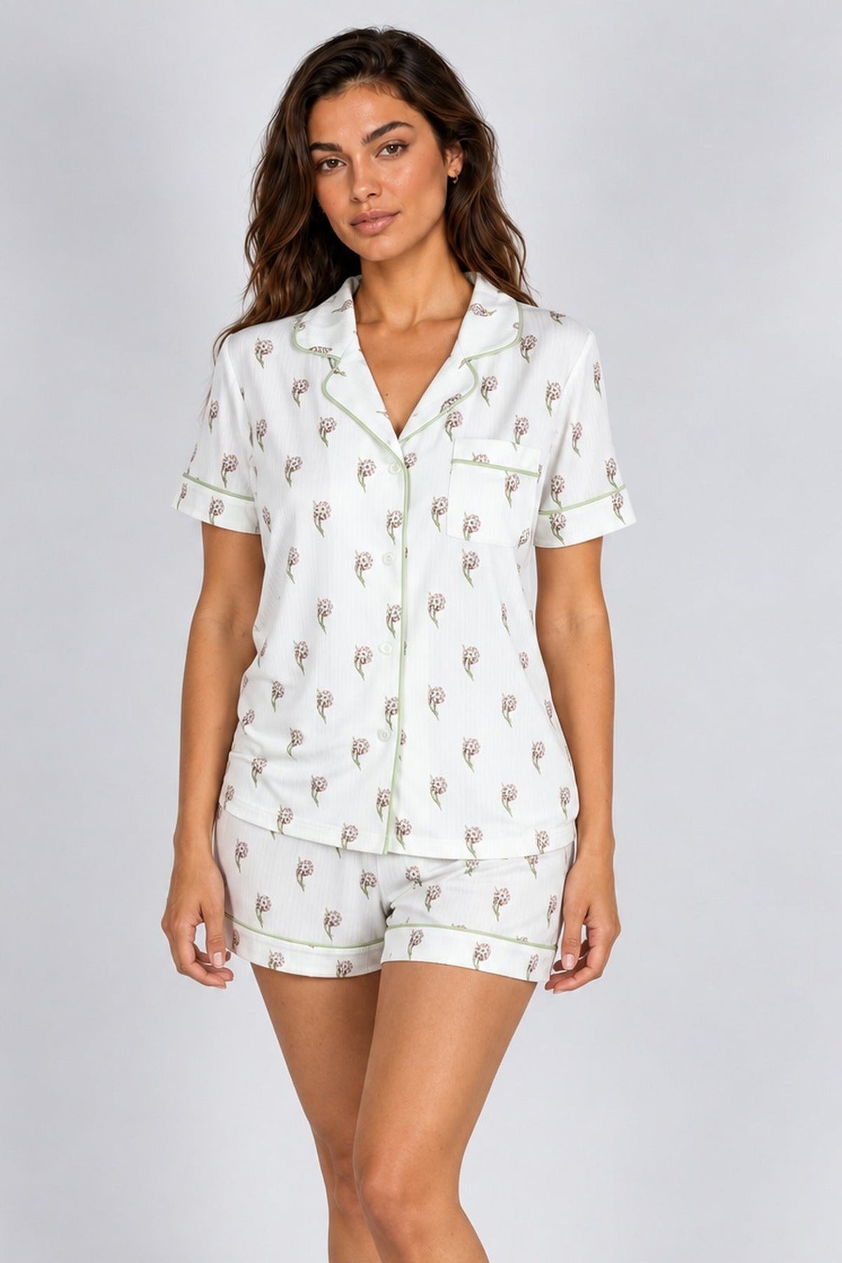 Jolene Pineapple Print Short PJ Set — Petticoat Lane brunette model, studio photograph