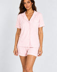 Jolene Short PJ Set in Tickled Pink — Petticoat Lane brunette model, studio photograph