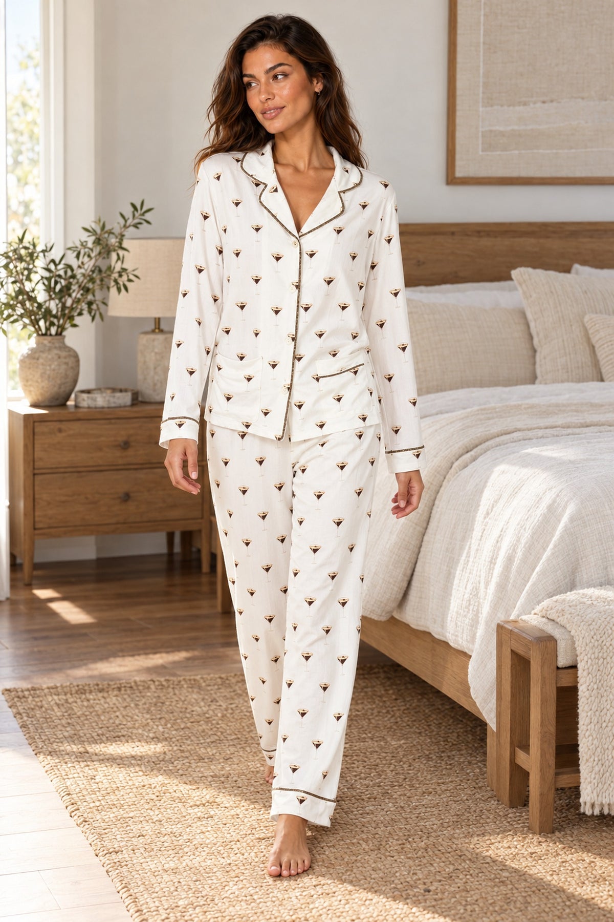 Grace Espresso Martini Print Long PJ Set — Petticoat Lane brunette model, lifestyle photograph