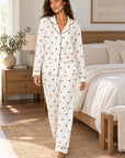 Grace Espresso Martini Print Long PJ Set — Petticoat Lane brunette model, lifestyle photograph
