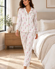 Jolene Hummingbirds Print Long PJ Set — Petticoat Lane brunette model, lifestyle photograph
