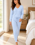 Cozy V-Neck Top and Jogger Set in Ice Met — Petticoat Lane brunette model, lifestyle photograph