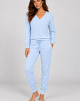 Cozy V-Neck Top and Jogger Set in Ice Met — Petticoat Lane brunette model, studio photograph