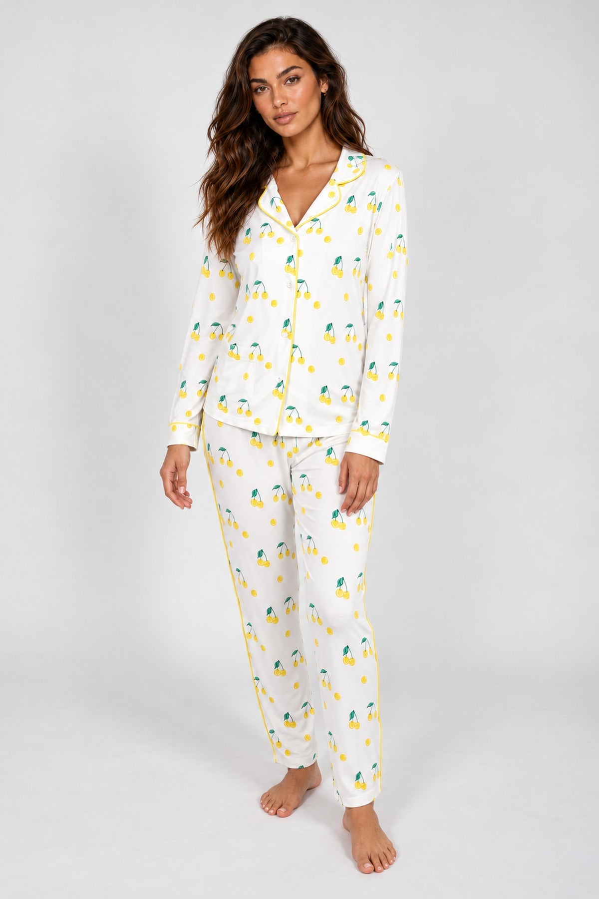 Aspen Dream Jolene Tennis Print Long PJ Set in ivory with yellow piping — studio model photograph