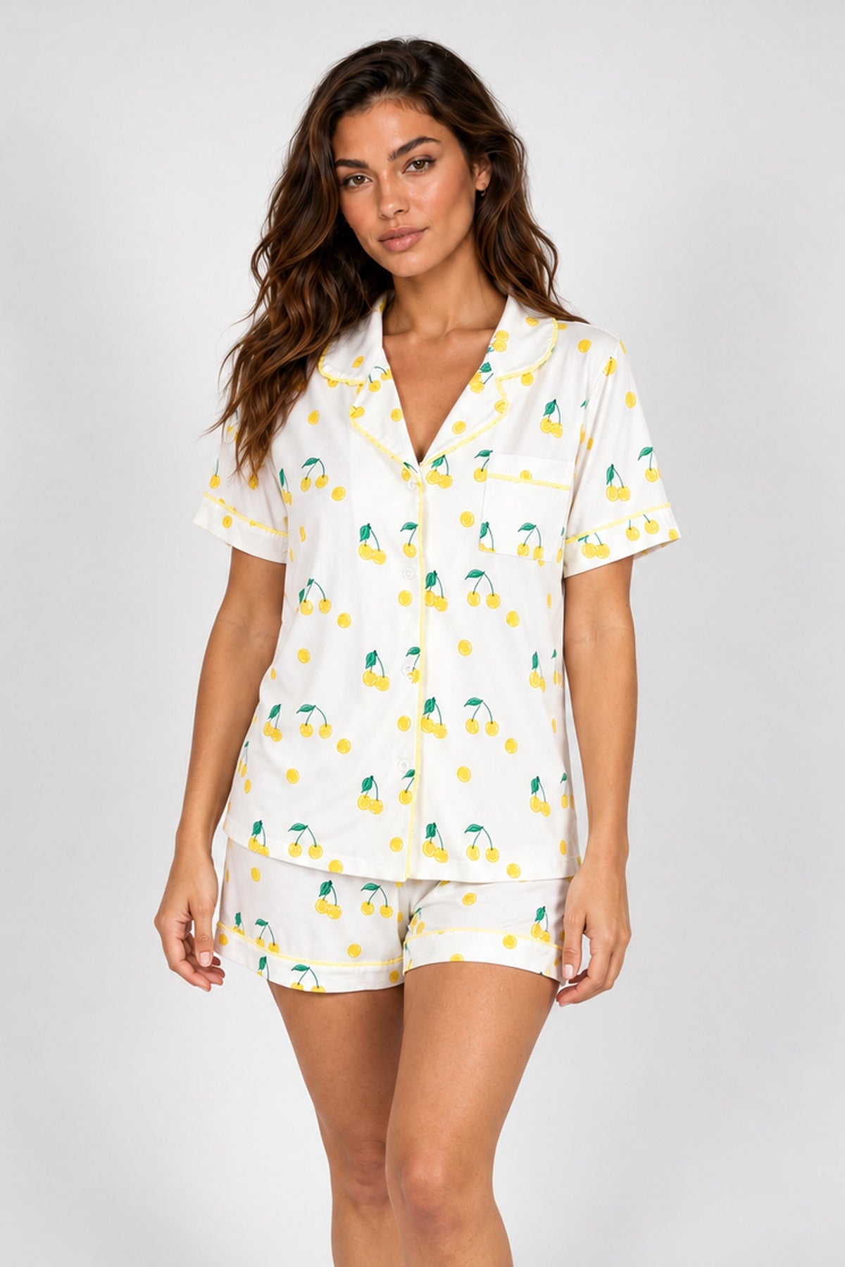 Aspen Dream Jolene Tennis Print Short Pajama Set in ivory with yellow piping — studio model photograph