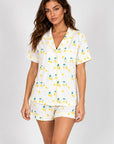 Aspen Dream Jolene Tennis Print Short Pajama Set in ivory with yellow piping — studio model photograph