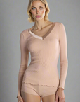 Oscalito Satin Wool and Silk V-Neck Long Sleeve Top 4248